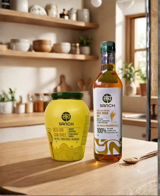 A2 Gir Cow Ghee 1L + Cold Pressed Rice Bran Oil 1L