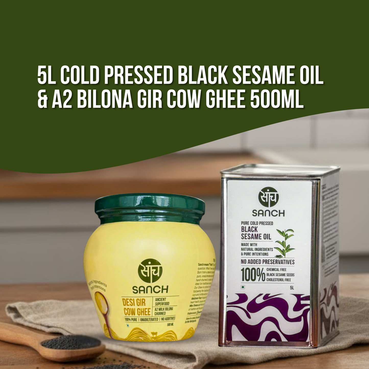 5L Cold Pressed Black Sesame Oil + A2 Gir Cow Ghee (500ml)