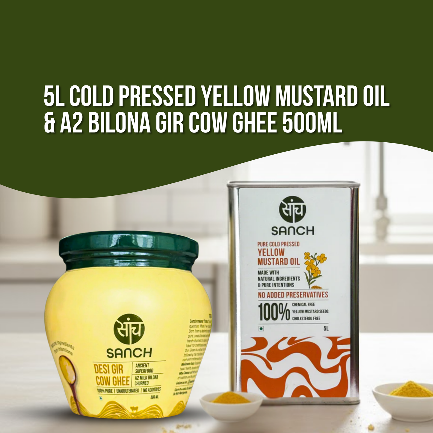 5L Cold Pressed Yellow Mustard Oil + A2 Gir Cow Ghee (500ml)