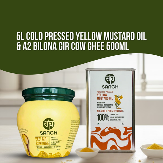 5L Cold Pressed Yellow Mustard Oil + A2 Gir Cow Ghee (500ml)