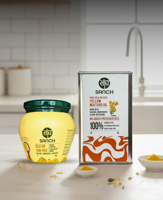 5L Cold Pressed Yellow Mustard Oil + A2 Gir Cow Ghee (500ml)