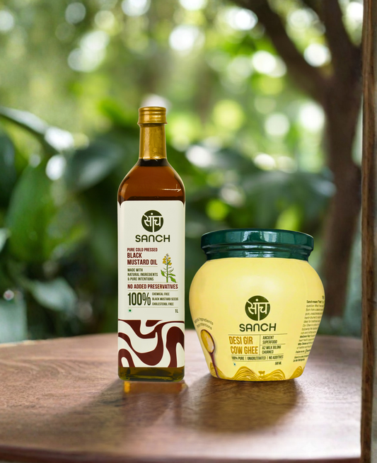 Cold Pressed Black Mustard Oil 1L (Glass Bottle) + A2 Gir Cow Ghee 500ml