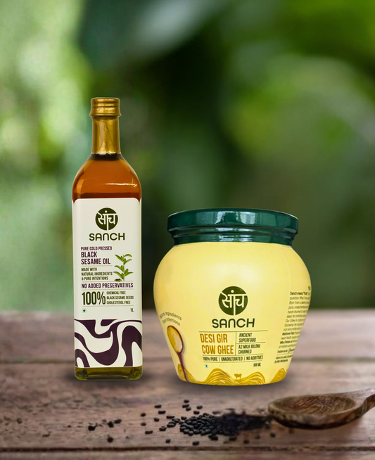 Cold Pressed Black Sesame Oil 1L (Glass Bottle) + A2 Gir Cow Ghee 500ml