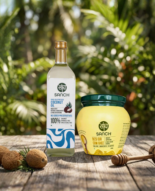 Cold Pressed Coconut Oil 1L (Glass Bottle) + A2 Gir Cow Ghee 500ml